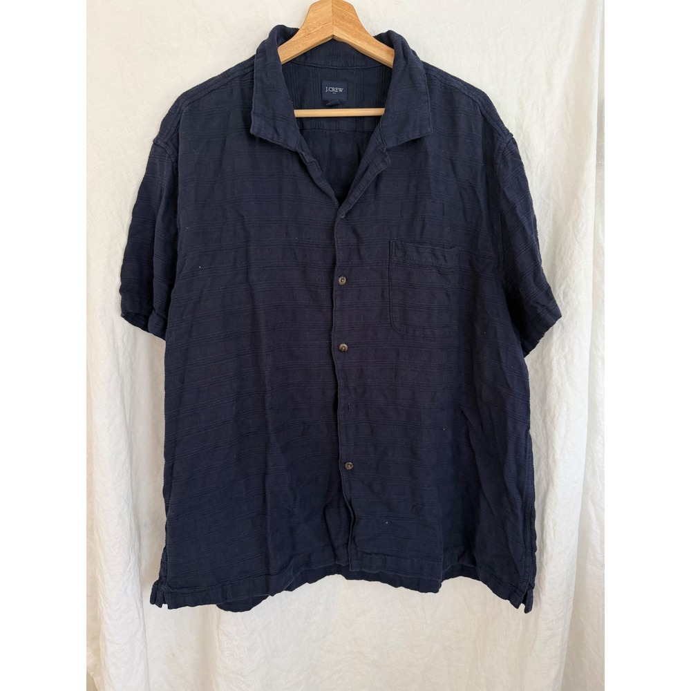 J.Crew Button Down Shirt Mens Navy Slub Stripe Linen Cotton XXL